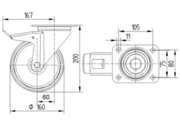 HJUL 160MM NYLON SVING M/BREMS 350 KG